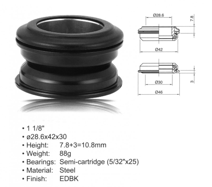 Kormánycsapágy ACO-HS24 A-HEAD INTEGRÁLT ACÉL (1 1/8"; d:28,6mm/42/30mm), FEKETE - AUTHOR