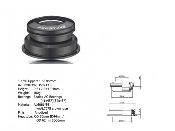 Kormánycsapágy ACO-F13H A-HEAD INTEGRÁLT ALU. (1 1/8" / 1 1/5"; d:39,8mm/44/56mm), FEKETE - AUTHOR