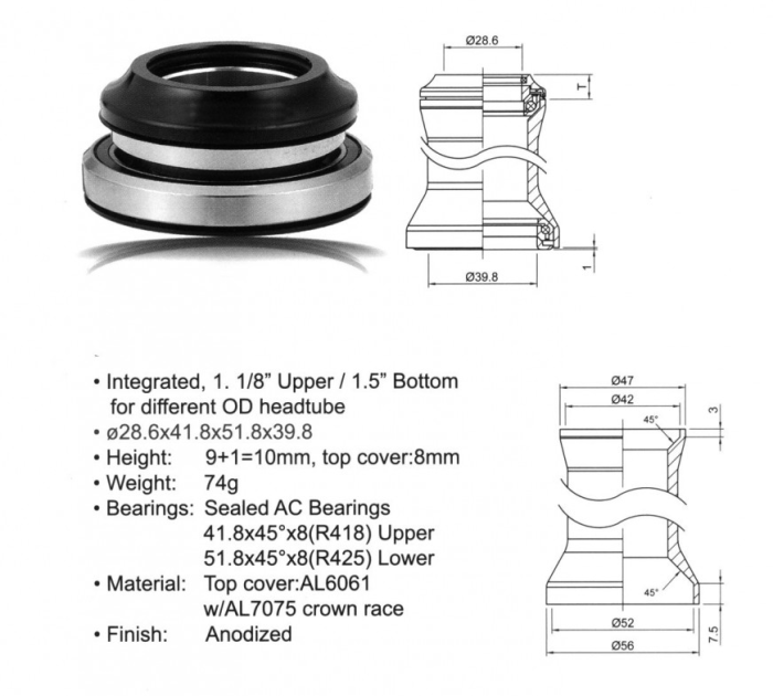 Kormánycsapágy ACO-HS40 A-HEAD INTEGRÁLT ALU. (1 1/8" / d:41,8mm/51,8/39,8mm), FEKETE - AUTHOR