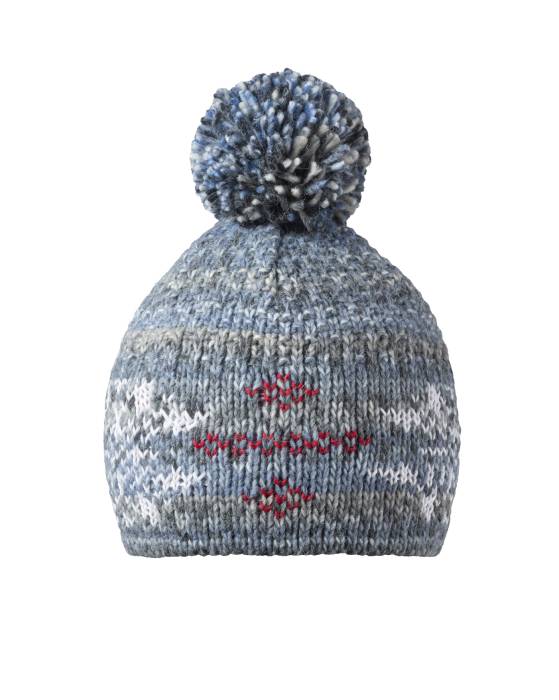 Téli kötött bojtos sapka gyapjúkeverékkel és belső polár fejpánttal FELNŐT MÉRET, HAT Relax TEIDE kék, fehér, piros (RKH233B) - RELAX