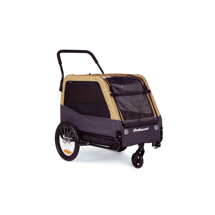 Polisport kerékpáros kutyaszállító utánfutó és kutyababakocsi XL méret, max. 45 kg-os kutyák részére, 2 kerékpár adapterrel a csomagban, khaki/szürke